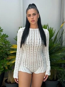 Lucia Bellido Crochet Knit Fitted Playsuit Ibiza Outfit, For Holiday, Spring, Summer, Vacation, Beach, Boho, Western White Isle, Beach Club Western Country