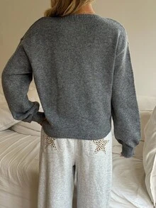 SHEIN Áo len tay dài màu trơn tay ngắn tay đèn lồng thường ngày cho bé gái tuổi teen, màu xám thu đông - Xám - Xem 2