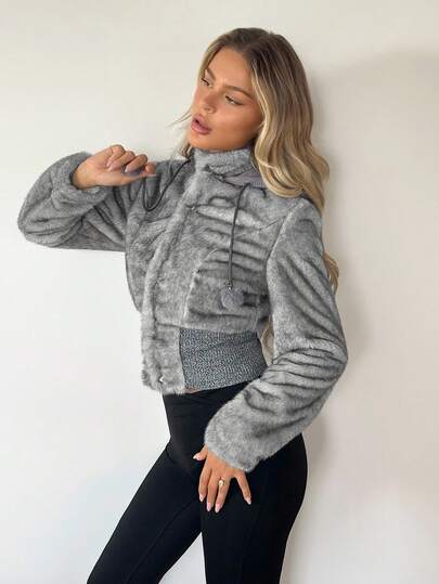 SHEIN ICON Women's Fashion Casual Street Tie Dye Faux Fur Hooded Patchwork Jacket, Winter Grey Cropped Jacket