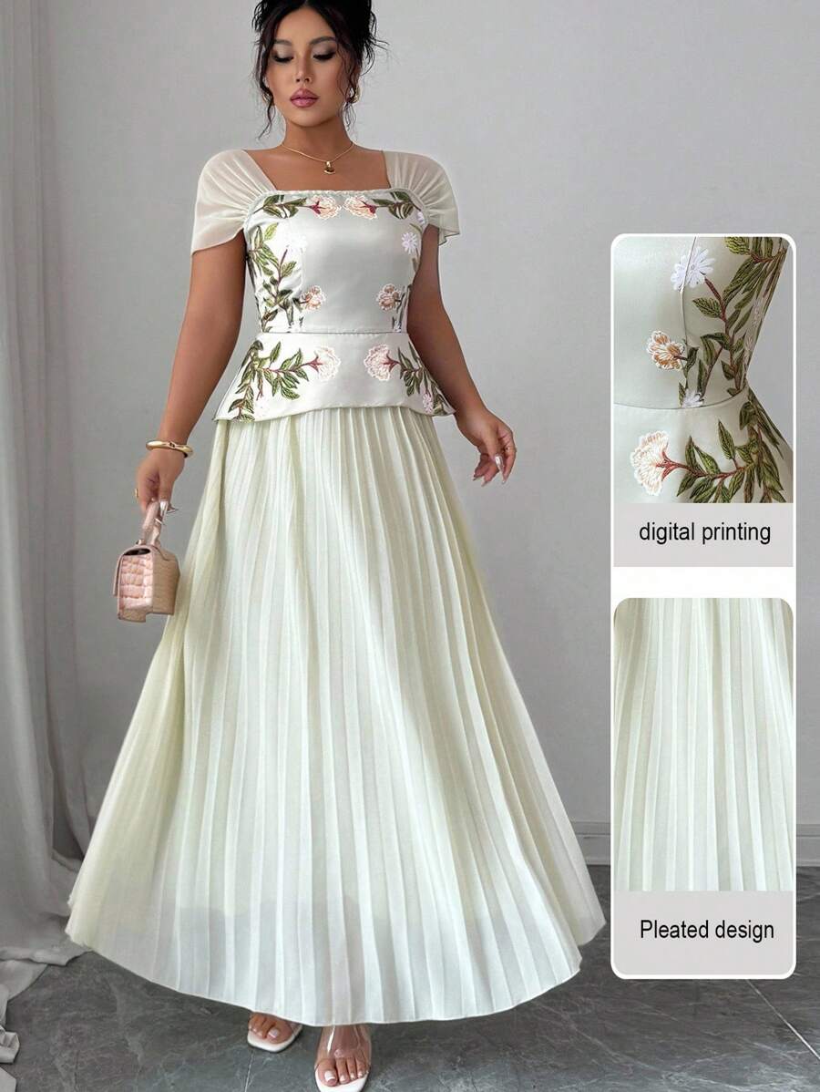 Modelyn 数码印花拼布褶皱长袖大码女式连衣裙 - 彩色 - 查看 1