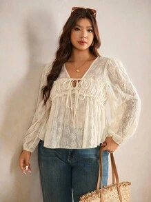 Elaquor Áo sơ mi tay dài thêu hoa thường ngày cho nữ cỡ lớn - Màu be - Xem 4