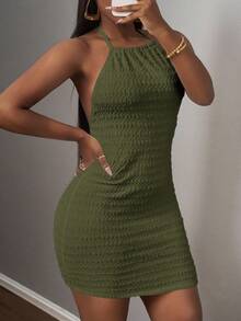 Slaydiva Nouvelle robe d'été et de printemps style décontracté, élégante pour les vacances et les sorties quotidiennes. Robe mini femme avec encolure ras-du-cou, dos nu, texture en tissu bleu, coupe slim