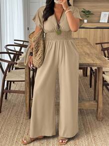 Breezaya Plus Size Solid Color Fashionable Summer Jumpsuit - Khaki - View 1