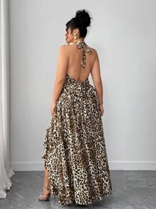 Elenzga Robe maxi élégante et romantique pour tous les jours et les fêtes, grande taille, ras-du-cou, col ras-du-cou Top de gamme, imprimé léopard, volants, col V profond, décor floral, fendu, ample - Multicolore - Voir 2