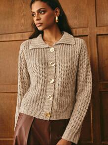 Poéselle Cárdigan de mujer con botones metálicos de color marrón claro cálido, cárdigan de punto con botones básico de unicolor casual y sencillo para ir al trabajo, estilo campestre bohemio occidental para otoño, invierno y vuelta al colegio - Caqui - Ver 2