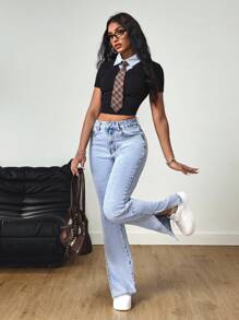 SHEIN Tall 高腰九分开叉浅色洗水牛仔裤 - 淺色水洗藍 - 查看 6