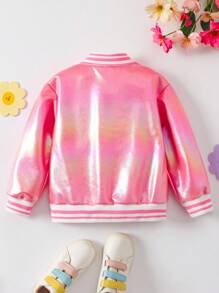 1pc Young Girl Vibrant Towel Embroidered Colorful Flower & Smiling Face Pattern Cute Jacket Back To School Outwear Fall Winter - Pink - View 2