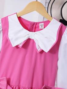 SHEIN Sparklyn Girls' Pink Minimalist Stylish Sweet Long Sleeve Dress Girls Pink Dress With Bow Pink Bow Dress For Girls Girls Pink Long Dress Girls Preppy Dress Girls Pink Special Occasion Dress Bow Decoration - Pink - View 4