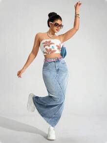 SHEIN ICON 大码女式牛仔长款磨损下摆休闲度假迷你裙，带口袋 - 深色水洗藍 - 查看 4