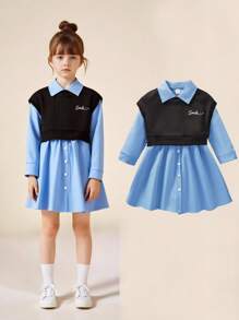 SHEIN Explorewe 年轻女孩的休闲宽松翻领长袖衬衫裙和简约徽标印花背心，适合上学和日常穿着 - 藍色 - 查看 7