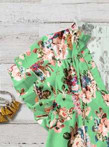 Chiquease Women's Loose V-Neck Floral Print Ruffle Short Sleeve Blouse, Vacation Style Clothes For University - Green - View 3