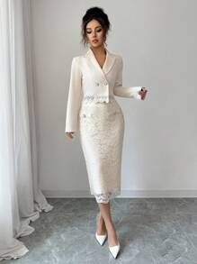 Modelyn Women's Suit Jacket With Contrast Lace & Button Decor + Lace Button Decor Skirt, Elegant 2 Pieces Set Fall Cloth For Women - Apricot - View 4