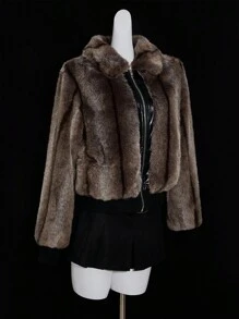 SHEIN ICON Abrigo de mujer con cremallera de estilo retro de piel sintética, elegante para otoño/invierno, abrigo de piel, abrigo de peluche