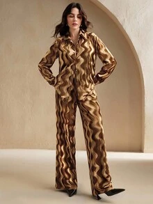 Anewsta 女式两件套，秋冬新品，万圣节和圣诞节，复古都市时尚闪亮波浪褶皱纹理面料宽松舒适时尚上衣和休闲裤 - 卡其色 - 查看 4