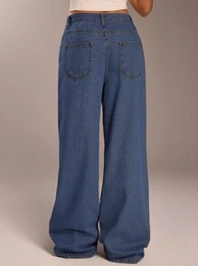 SHEIN Forever 21 春夏女士浪漫/舞会/正式/生日/90 年代/商务休闲/优雅/西部装/外出/时尚/休闲/千禧/俱乐部/办公室/鸡尾酒会/复古/狂欢/有趣/优雅/老钱/街头服饰/度假/乡村音乐会/工作/端庄/春假/单身派对/音乐会/坏人/基本款/毕业/蓝色低腰宽松直筒牛仔牛仔裤 - 藍色 - 查看 2