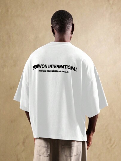 SUMWON International Street Style Oversized Tee Boxy Cut Elbow Length Sleeve Urban Fashion Logo Print Summer Casual T Shirt