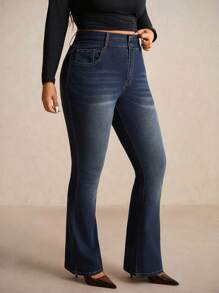 Elaquor Oversized Blue Jeans With A High Waist And Slim Fit. Comfortable And High-Stretch Denim. French And Elegant Flared Jeans Perfect For Autumn. - Dark Wash - View 5