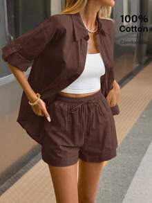 Siren Gaze 女士奶油黄短款套装 - 2025 夏季棉质休闲两件套：卷边短袖衬衫和短裤，海滩度假必备，透气机场装，商务休闲办公装 - 咖啡棕 - 查看 7