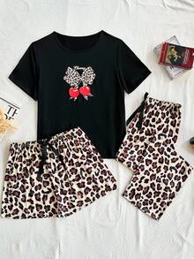 SHEIN Bộ đồ ngủ 3 món tay ngắn họa tiết da báo và quả anh đào cỡ lớn, quần short và quần ngủ - màu đen - Xem 1