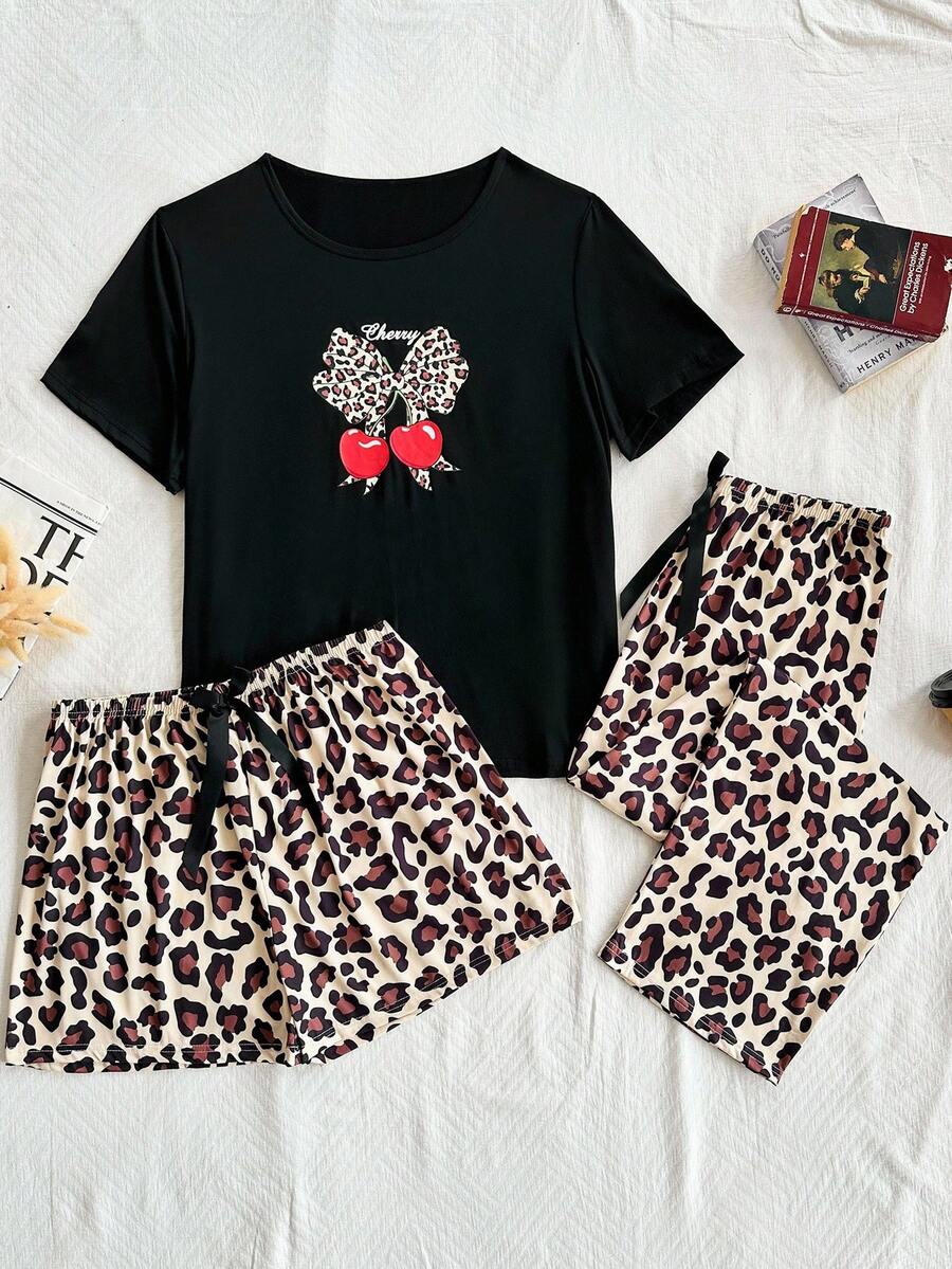 SHEIN Bộ đồ ngủ 3 món tay ngắn họa tiết da báo và quả anh đào cỡ lớn, quần short và quần ngủ - màu đen - Xem 1