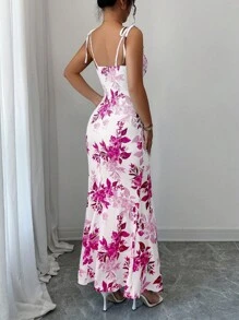Elenzga Gaun Wanita Terbaru dengan Tali Bahu Tipis, Ikat Pita di Pinggang, Hem Bergelombang, dan Belahan, Serbaguna untuk Kencan, Pesta, dan Pakaian Sehari-hari, Menawan dan Elegan - Hot Pink - View 2