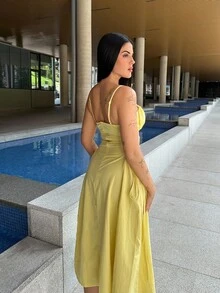 Lucia Bellido Solid Ruched Bust Lace Up Side Formal Cami Long Dress,Pastel Dresses For Women - Yellow - View 2