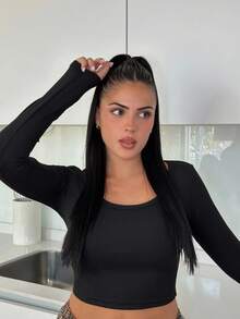 Lucia Bellido Solid Scoop Neck Crop Tee,Fall Women Clothes - Black - View 6