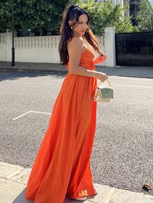 NegzBox 新款春夏休闲假日露背露肩胸围、腰围和后背摆裙，前开叉至大腿，黄色海条纹女式超长连衣裙-B - 橘色 - 查看 6