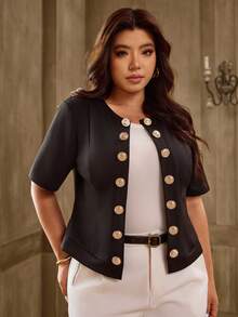 SHEIN LUNE Plus Size Elegant Commuter Decorative Button Short Sleeve Jacket, Summer - Black - View 1