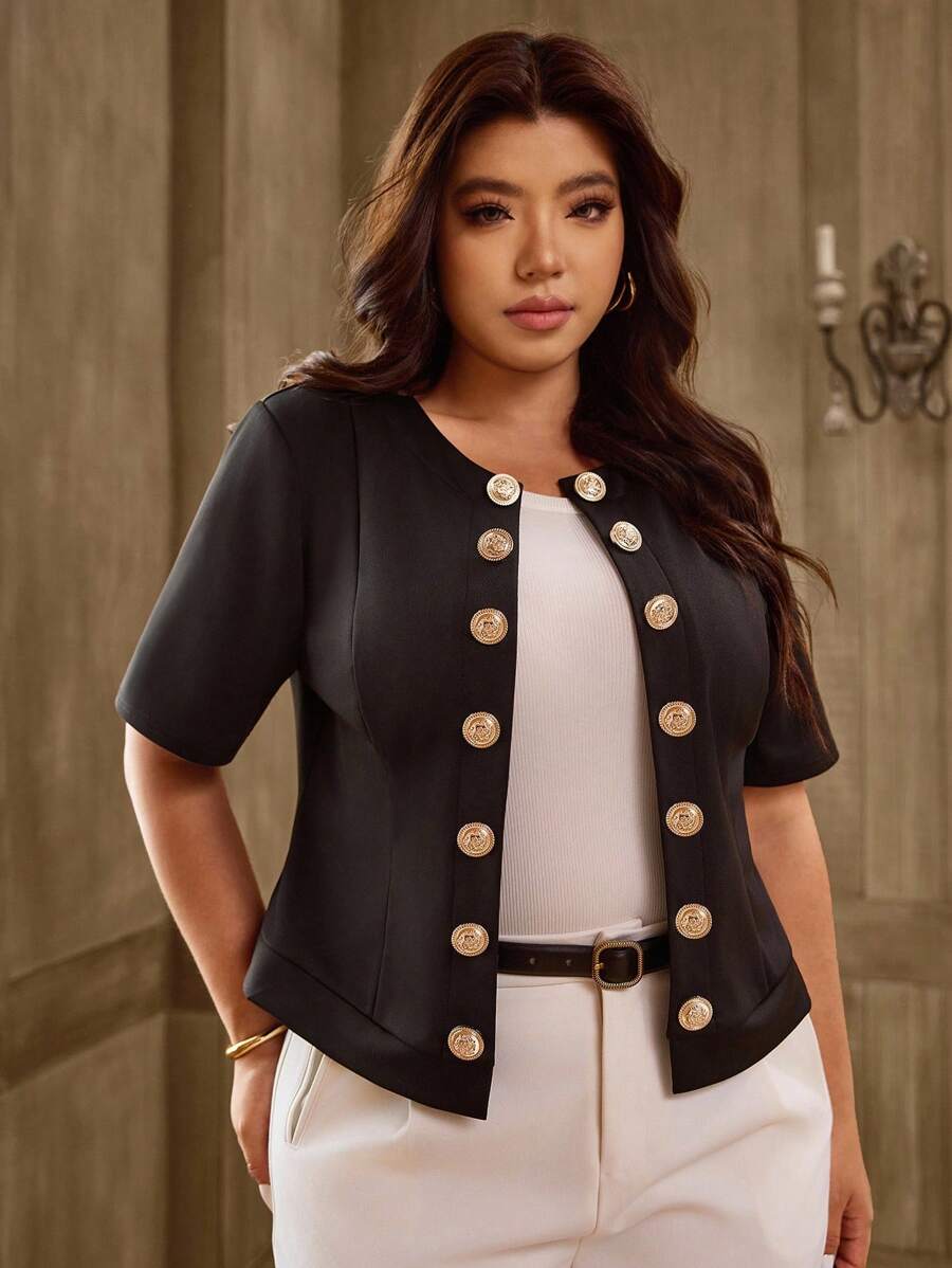 SHEIN LUNE Plus Size Elegant Commuter Decorative Button Short Sleeve Jacket, Summer - Black - View 1