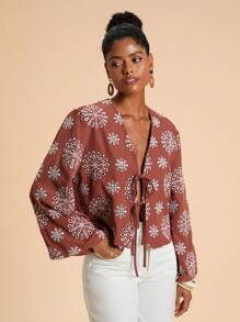 Travachic Braune Boho-Webbluse mit Allover-Print und Bischofsärmeln, lässiges Urlaubshemd mit ausgehöhlter Stickerei und ausgestellten Ärmeln zum Binden, Herbstkleidung für Damen, Herbstkleidung, Herbstoutfits für Damen, Konzertoutfits für Damen, Hemden für Damen, Ausgehoberteile für Damen, Langarm Top, Top zum Binden vorne, Boho-Oberteile für Damen, Bluse zum Binden vorne, Boho-Blusen, Wickeloberteile für Damen, lässiger Damenstil, Herbstoutfits für Damen, schicker Herbst, Ausgehoutfit, Country-Stil für Damen