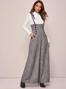 SHEIN Privé Double Breasted Wide Leg Linen Look Suspender Jumpsuit - Grey - View 3
