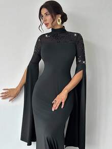 Firerie Women's Elegant, Exquisite, Romantic And Dignified Dance Party Date Embroidery Sequin Mesh Slit Extra-Long Sleeves A-Line Black Maxi Dress New Year Clothes - Black - View 7