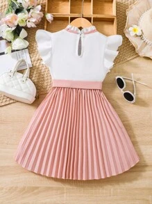 Elladie kids 女小童雙色荷葉邊百褶下擺繫腰帶連衣裙