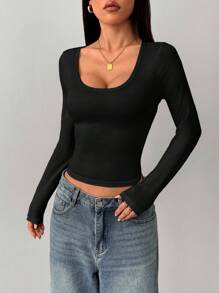 SHEIN PETITE Women's Casual Basic Crew Neck Tight Fitting Black Long Sleeve T-Shirt, Suitable For Summer & Autumn/Winter - Black - View 3