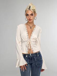 Flirla Women's Elegant Solid Color Lace Trim Tie Front Flare Sleeve Blouse Fall Cloth For Women - White - View 5