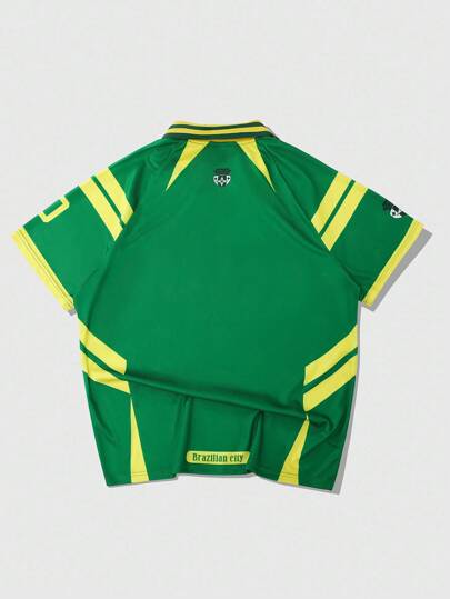 Prep Camiseta polo deportiva de fútbol de Brasil para hombres, camiseta de fútbol casual americana con textura, bloque de color en contraste y manga corta con el texto "BRASIL" en letras blancas grandes y prominentes en el pecho
