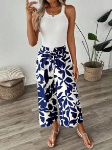 SHEIN LUNE Women's Casual Floral & Leaf Print 3/4 Pants, Suitable For Summer, Everyday Wear, And Vacation Suitable For Going Out Printed Pants Wide Leg Summer Pants Women Casual Pants Fall Clothes Winter Clothes - Multicolor - View 4