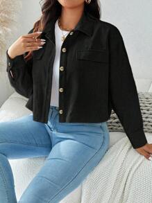 SHEIN LUNE 大码纯色前扣假口袋简约休闲夹克假日装