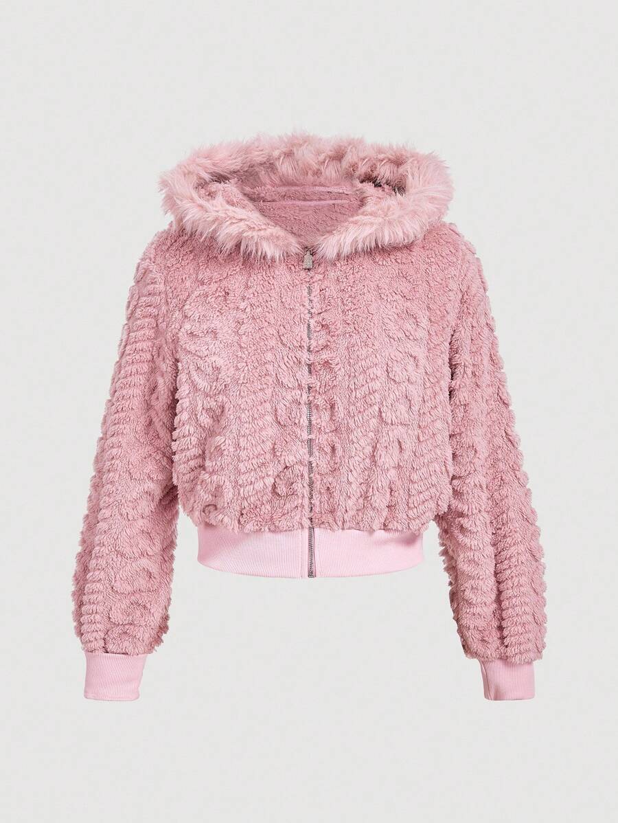 SHEIN MOD Women's Hooded Long Sleeve Heart Pattern Fluffy Trim Jacket, Autumn Winter, Brunch Women , Fall Wedding Guest Hoodie, Homecoming, 90s , Ladies Late Fall Casual Contrast Fluffy, Zipper Regular Sleeve Hooded Regular Fit Plain Women Jacket, Casual Daily Wear - Pink - View 1