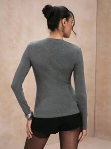 SHEIN Unity Women's Soft & Comfortable Solid Color Round Neck Fitted Long Sleeve Base Layer Top Fall Cloth For Women - Grey - View 2