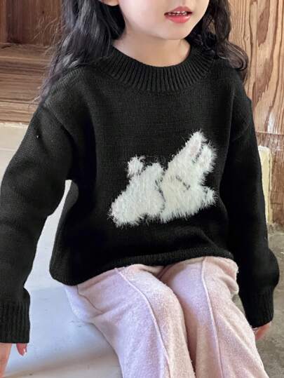 DAZY Sweater Lengan Panjang Kerah Bulat Motif Hewan untuk Anak Perempuan, Musim Gugur/Musim Dingin