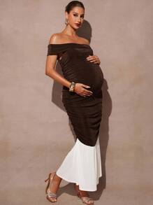 MaterniChic Autumn And Winter Elegant Maternity Off-Shoulder Color Block Patchwork Fishtail Dress - Brown - View 8