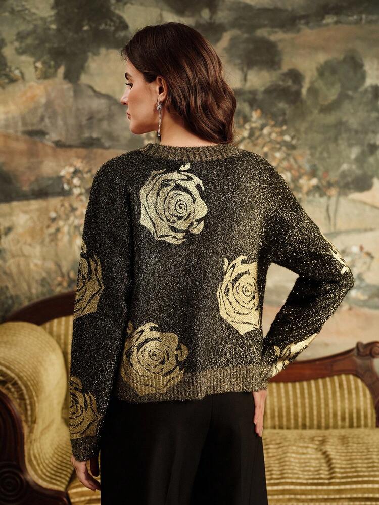 Women's Elegant Floral Pattern Front Button Cardigan