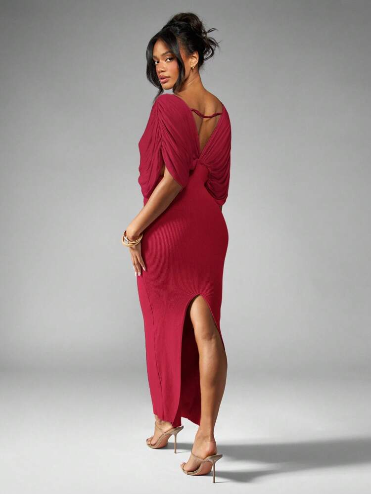 MISSGUIDED Vestido de noche largo con escote pronunciado, mangas dolman drapeadas, tejido acanalado con abertura lateral, elegante y formal para ocasiones especiales y bailes