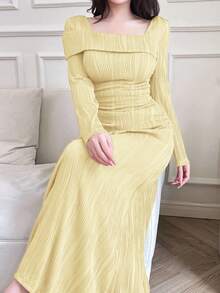 Modelyn 女士纯色方领长袖纹理修身优雅阿拉伯风格连衣裙长款晚礼服 - 黃色 - 查看 6