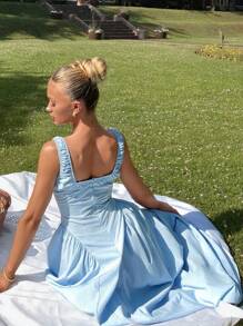 Glamine Vitamin Colors SummerHoliday  Women's Elegant Solid Color Square Neck Waist Cinched Long Dress, Suitable For Dates And Daily Wear Fall Women Clothes Back To School