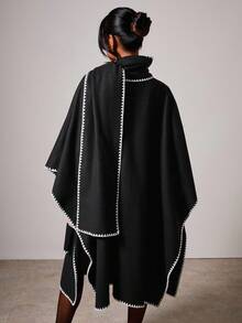 COSMINA 秋冬女装时尚街头撞色绑带蝙蝠袖宽松长款夹克 - 黑色 - 查看 2