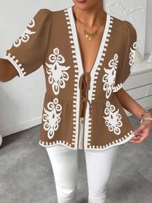 Breezaya 1 pieza Blusa de mujer con manga abullonada, volantes y moño con estampado all-over - Multicolor - Ver 3