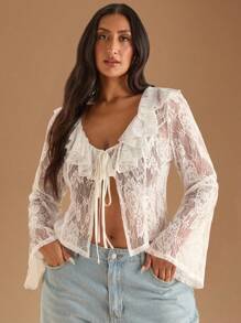 SHEIN BAE Áo cánh tay loe ren xếp nếp mỏng dài tay cỡ lớn cho nữ - trắng - Xem 7